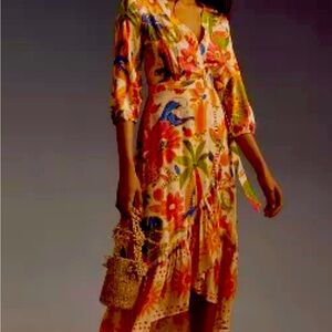 FARM RIO LONG-SLEEVE V-NECK WRAP MIDI DRESS